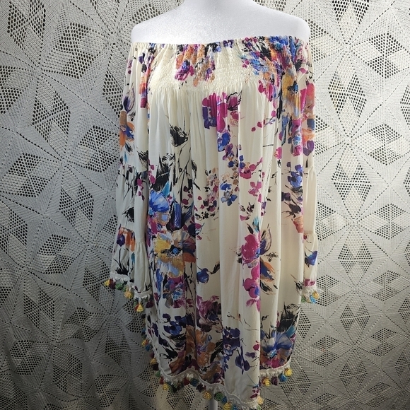 JODIFL Tops - Jodifl, Pom Pom Fringe Tassel, Floral Smocked Draped Watercolor Boho Top large